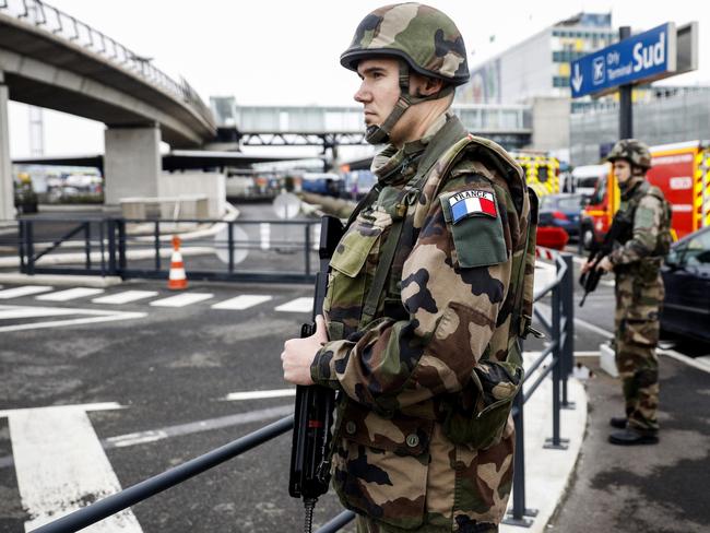 Soldiers patrol at Orly Airport, south of Paris, Saturday, March, 18, 2017. Picture: AP.