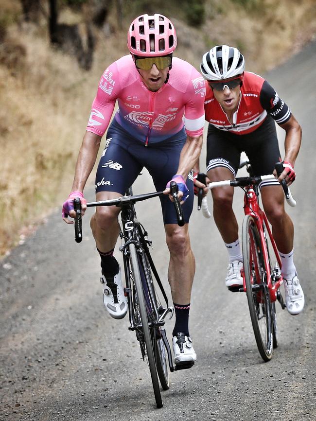 Michael Woods of EF Education First team and Richie Porte of Trek-Segafredo on a gravel section climb out of Churchill during the Herald Sun Tour. Picture: Michael Klein