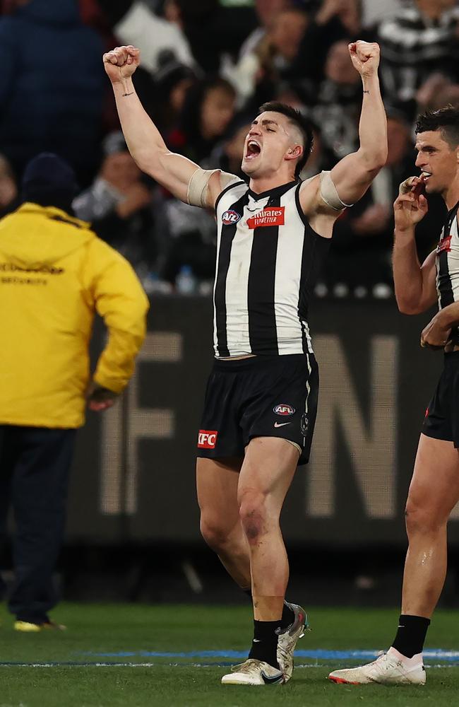 Maynard celebrates after the siren on Thursday. Picture: Michael Klein.