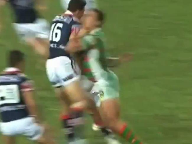 Video Still. South Sydney’s Sam Burgess smashes into Sydney Roosters forward Sonny Bill Williams. Picture: Channel 9