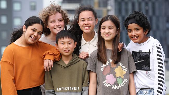 Vianna Shah, Bowie Grigg, Juan Rae Chin, Riley Dashwood, Julie Phan and Aarav Nair will be adults when Melbourne becomes the nation’s biggest city. Picture: David Caird