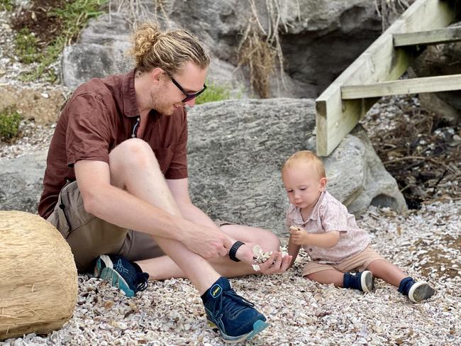 Dad Nick van Essen with son George van Essen during a trip to New Zealand earlier this year so George could meet his Grandma. Picture: Supplied