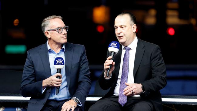 (L-R) Patrick Delany CEO of Foxtel Group, talks with ARLC Chairman Peter V'landys during Fox League's NRL Las Vegas Launch. Picture: AFP