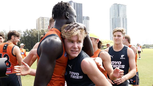 Harvey Thomas is congratulated at GWS Giants training on March 7, 2024 as he is told he make his debut in the Opening Round where they take on Collingwood at home. Photo by Phil Hillyard(Image Supplied for Editorial Use only - Phil Hillyard  **NO ON SALES** - Â©Phil Hillyard )