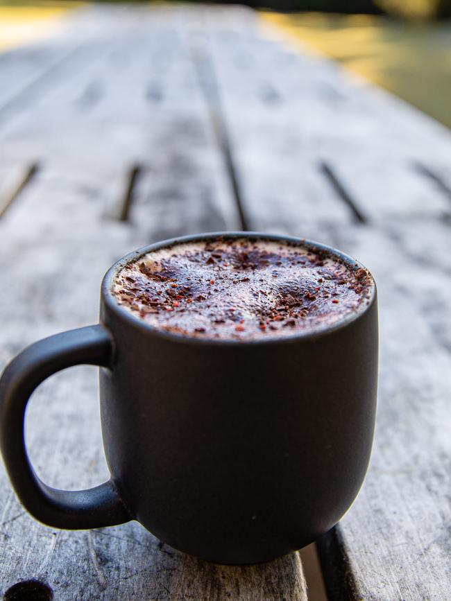 Lost Freight’s Dark Mofo- inspired hot chocolate featuring raspberries and Tasmanian Pepperberries. Picture: Linda Higginson.