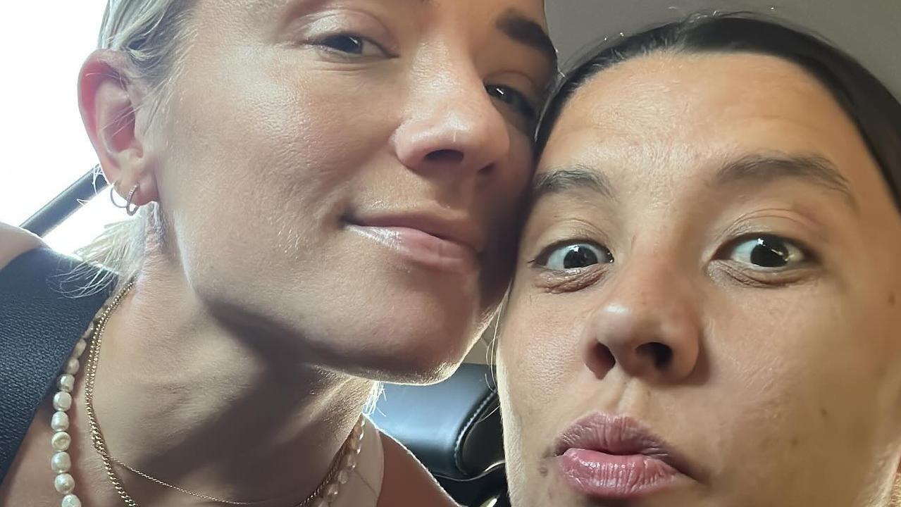 Sam Kerr (right) with fiance Kristie Mewis. Matildas captain Sam Kerr charged over alleged racially aggravated harassment of police officer in London in 2023.