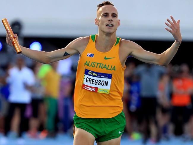 Gregson milks the applause running home to win the mixed distance medley for Australia.