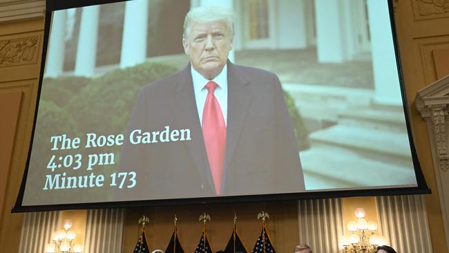 A January 6 video of Former US President Donald Trump telling his supporters to go home, is seen on screen during a hearing by the House Select Committee to investigate the January 6th attack on the US Capitol. Picture: AFP.