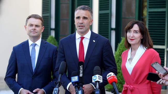 SA Premier Peter Malinauskas, Deputy Premier, Dr Susan Close, and Treasurer Stephen Mullighan at Government House to formally sworn in as Premier. Picture: Kelly Barnes