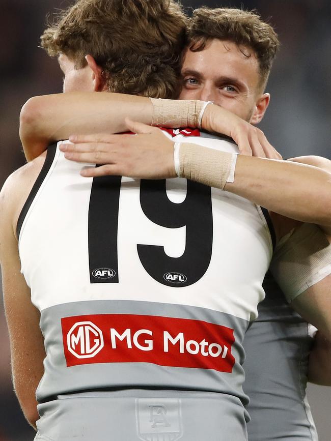 Mitch Georgiades celebrates a goal with Orazio Fantasia against the Blues.