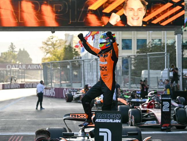 Oscar Piastri celebrates after winning the Formula One Azerbaijan Grand Prix at the Baku City Circuit. Picture: AFP