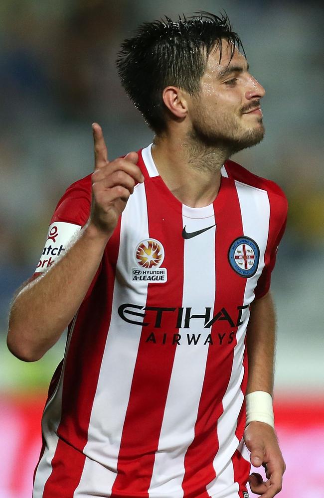 Melbourne City striker Bruno Fornaroli celebrates a goal against Central Coast Mariners.