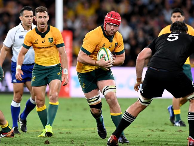 BRISBANE, AUSTRALIA - NOVEMBER 07: Harry Wilson of the Wallabies takes on the defence during the 2020 Tri-Nations match between the Australian Wallabies and the New Zealand All Blacks at Suncorp Stadium on November 07, 2020 in Brisbane, Australia. (Photo by Bradley Kanaris/Getty Images)