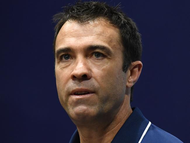 GEELONG, AUSTRALIA - SEPTEMBER 10: Cats head coach Chris Scott speaks to the media during a Geelong Cats AFL training session at GMHBA Stadium on September 10, 2019 in Geelong, Australia. (Photo by Quinn Rooney/Getty Images)