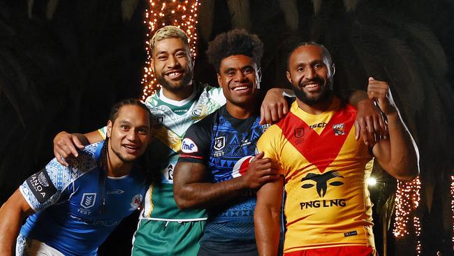 Martin Taupau representing Samoa , Makahesi Makatoa representing the Cook Islands, Kevin Naiqama representing Fiji, and Justin Olam representing Papua New Guinea. Picture: Richard Dobson