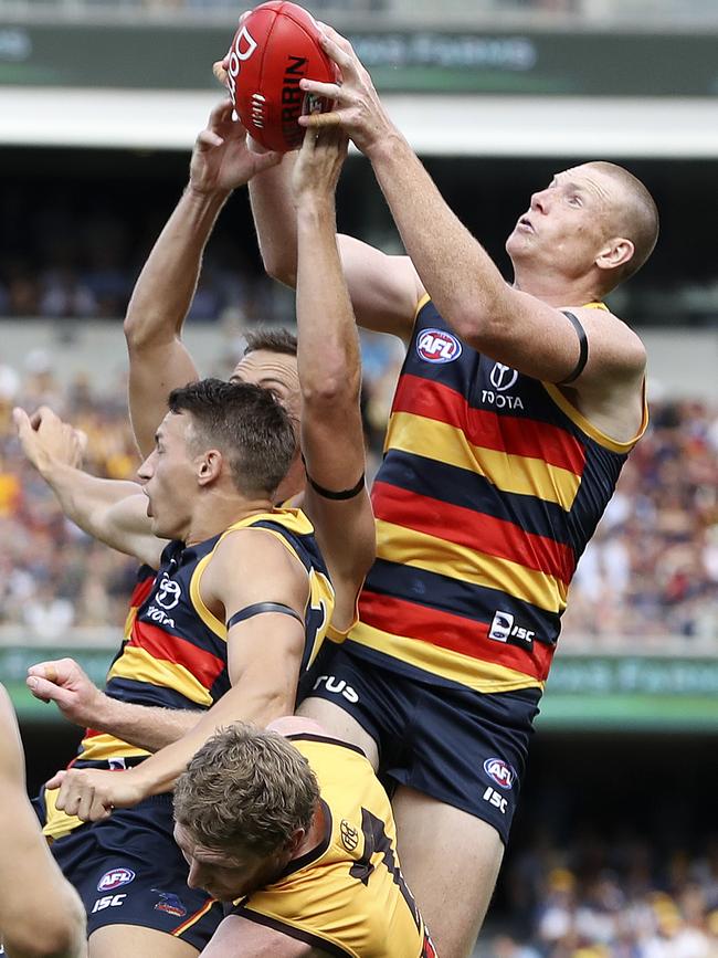 Sam Jacobs takes a strong mark for the Crows against Hawthorn in 2019. Picture: Sarah Reed