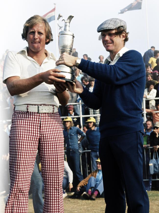 Jack with Tom Watson before the British Open playoff in 1975. Picture: Peter Dazeley