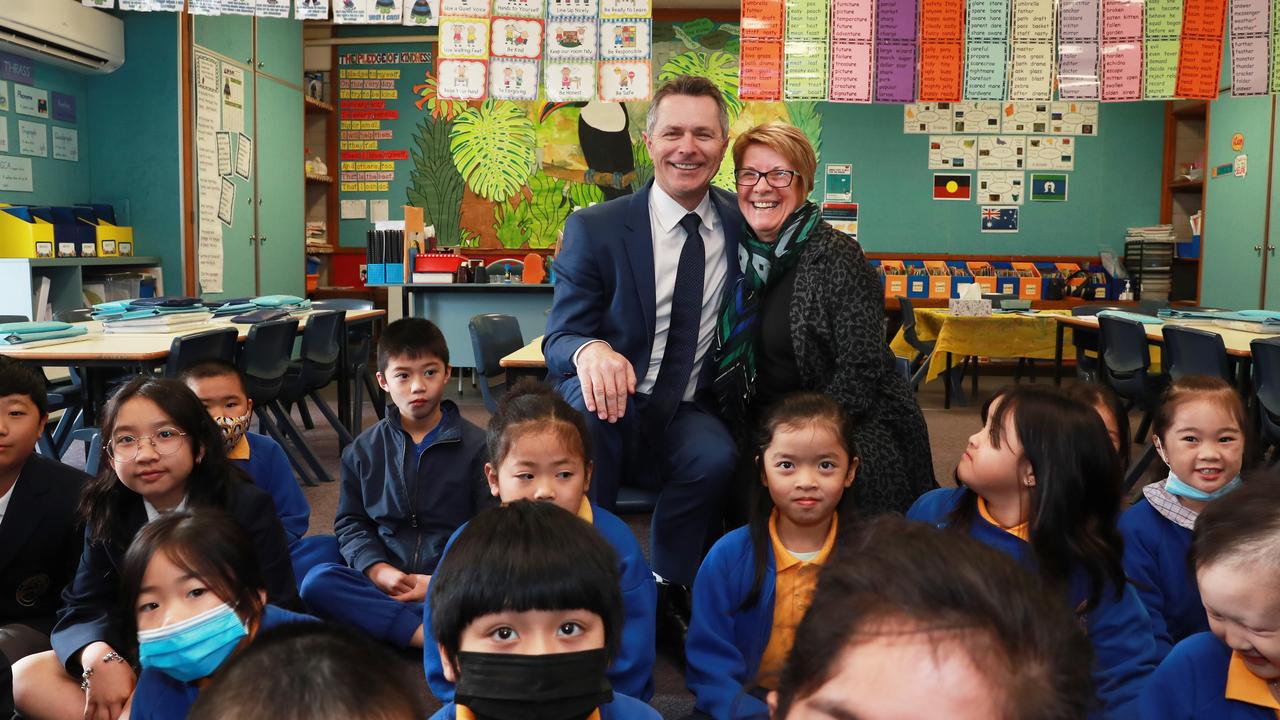 Federal Education Minister Jason Clare with his old teacher Cathy Fry in a year 2 classroom at Cabramatta Public School in western Sydney. Picture: John Feder/The Australian