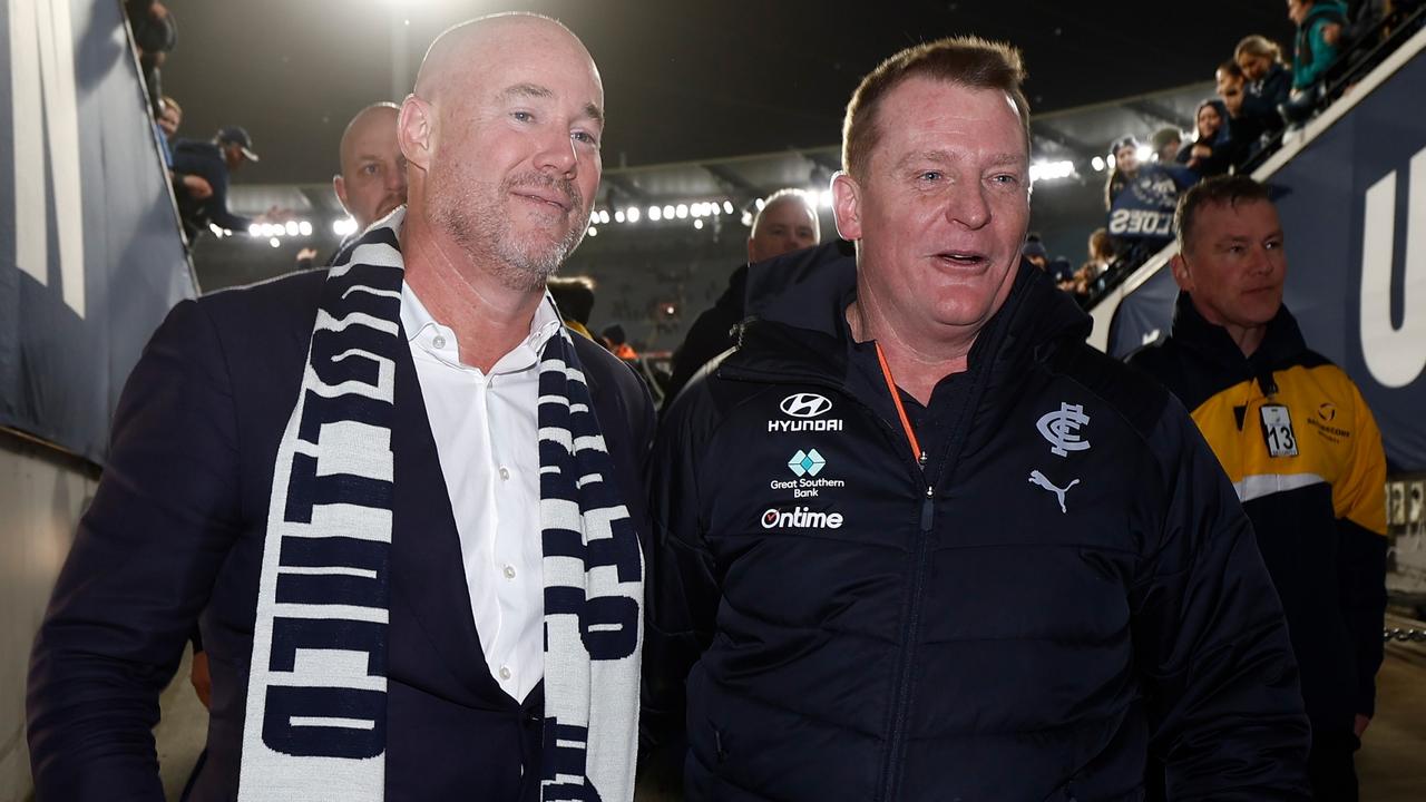 Carlton President Luke Sayers and Michael Voss after the Blues’ win. (Photo by Michael Willson/AFL Photos via Getty Images)