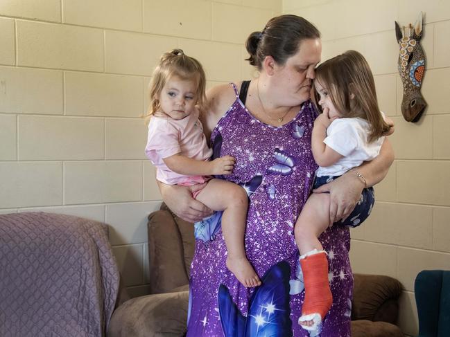 Mother Jade Olsen with her two-year-old twins Rhylee (right) and Maddy (left) at their Bentley Park home. Picture: Brian Cassey