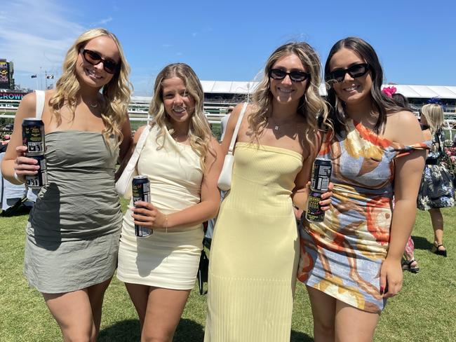 Ruby Formosa, Lucy Carter, Paige Kenny and Sienna Hassett at the 2024 Oaks Day. Picture: Himangi Singh.