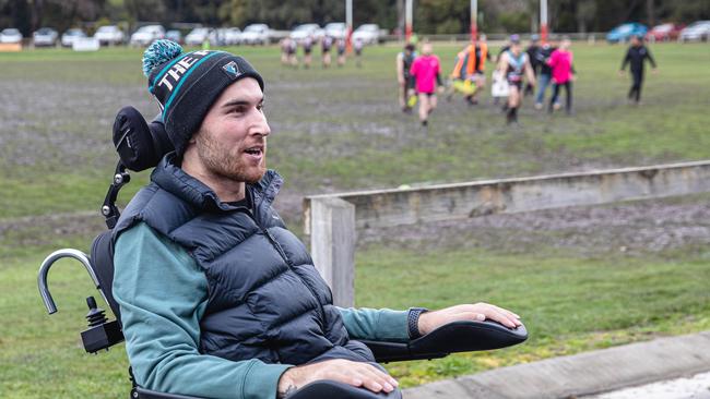 Ryan Wiggins thanks the crowd that have helped in building the house that will be sold to raise funds for him and his family. Picture: Linda Higginson