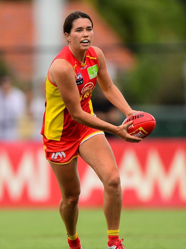 PERTH, AUSTRALIA - MARCH 15: Lauren Ahrens of the Suns in action during the 2020 AFLW Round 06 match between the West Coast Eagles and the Gold Coast Suns at Mineral Resources Park on March 15, 2020 in Perth, Australia. (Photo by Daniel Carson/AFL Photos via Getty Images)