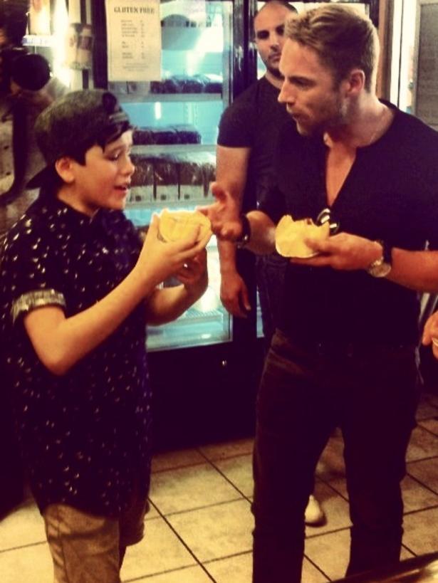 Jai Waetford and Ronan Keating try the Jai Pie during The X Factor