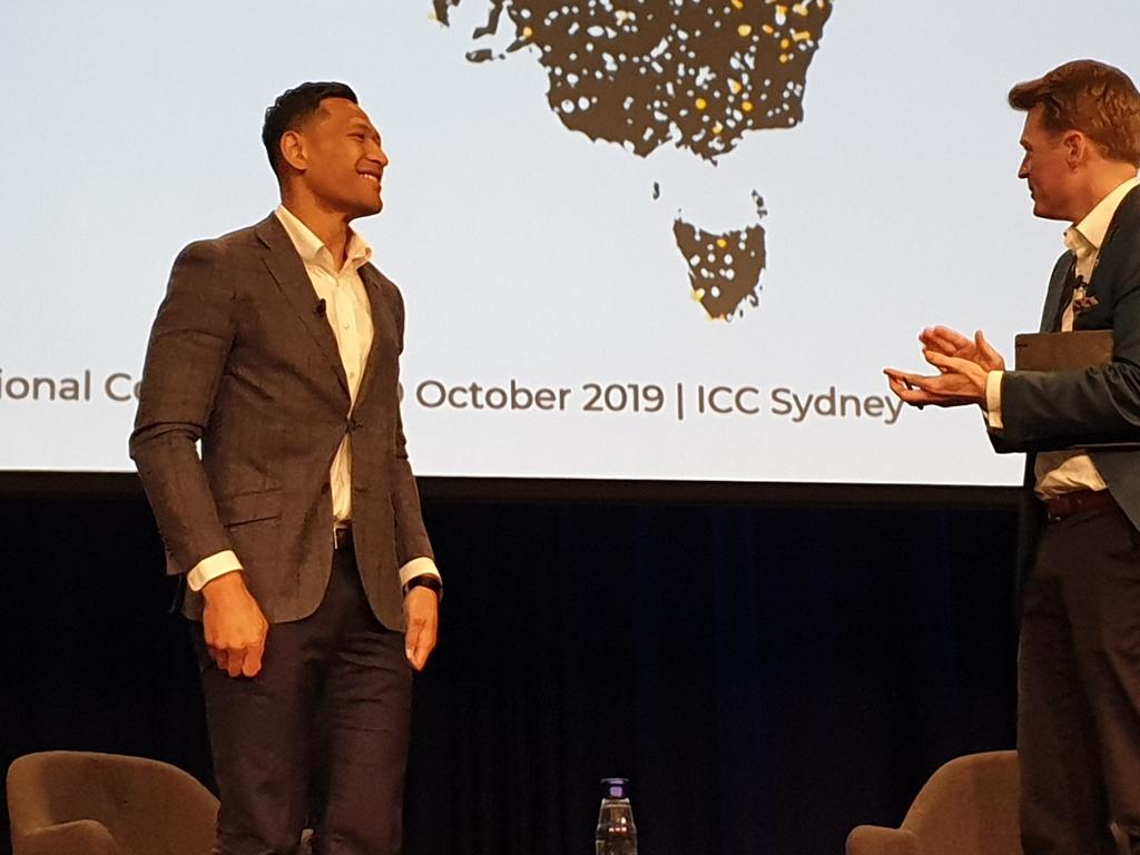 Israel Folau appears at the 'Not Ashamed' conference in Sydney.