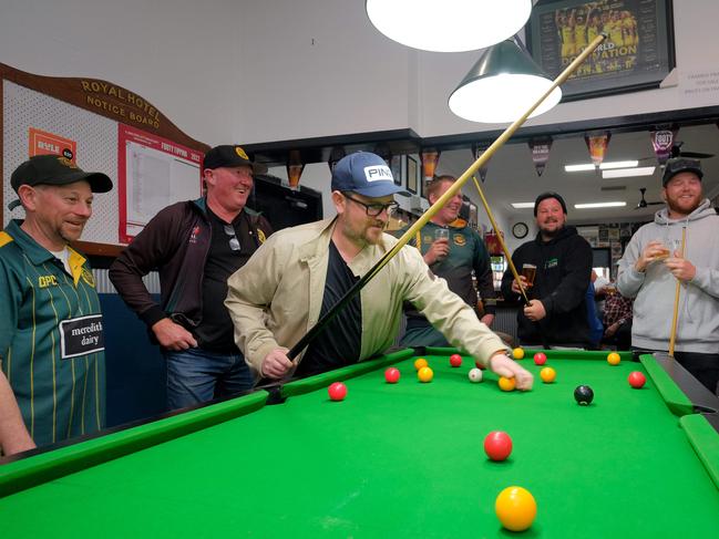 Pictured at the Royal Hotel Meredith are members of the Meredith and Lethbridge cricket clubs after play was abandoned. Picture: Mark Wilson