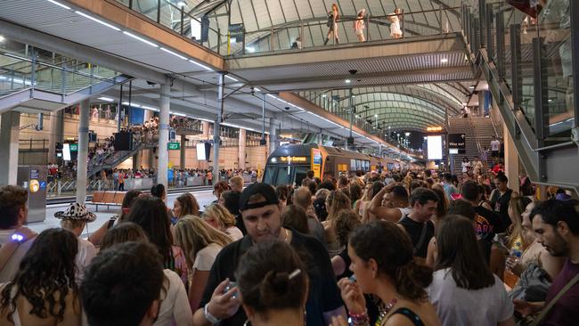 Thousands were packed into trains as they left Sydney Olympic Park. Picture: NCA NewsWire / Flavio Brancaleone