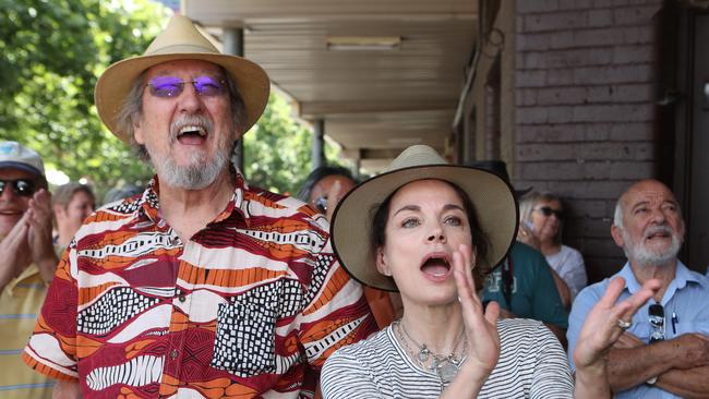 Actors Michael Caton and Sigrid Thornton at the Queen Victoria Market rally. Picture: AAP