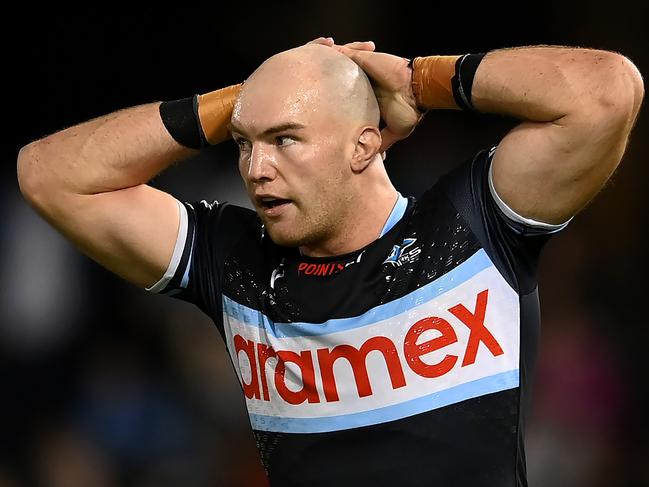 COFFS HARBOUR, AUSTRALIA - JULY 05: Thomas Hazelton of the Sharks reacts during the round 18 NRL match between Cronulla Sharks and Gold Coast Titans at Coffs Harbour International Stadium, on July 05, 2024, in Coffs Harbour, Australia. (Photo by Albert Perez/Getty Images)