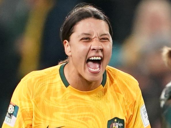 SYDNEY, AUSTRALIA - AUGUST 7:  Australia's Sam Kerr celebrates at the end of the match during the FIFA Women's World Cup Australia & New Zealand 2023 Round of 16 match between Australia and Runner Up Group D at Stadium Australia on August 7, 2023 in Sydney, Australia. (Photo by Stephanie Meek - CameraSport via Getty Images)