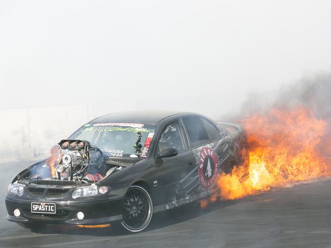 A Car catches Fire doing a burnout at Summernats 31 2018 Photo: Keegan Carroll