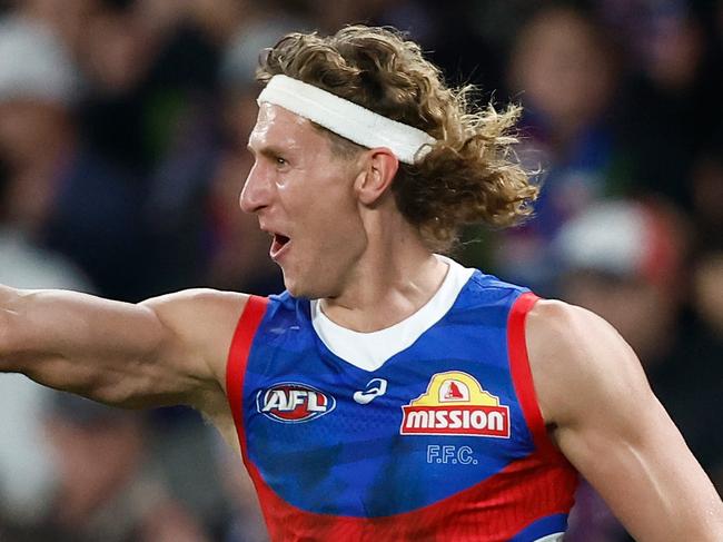 MELBOURNE, AUSTRALIA - MAY 23: Aaron Naughton of the Bulldogs celebrates a goal during the 2024 AFL Round 11 match between the Western Bulldogs and the Sydney Swans at Marvel Stadium on May 23, 2024 in Melbourne, Australia. (Photo by Michael Willson/AFL Photos via Getty Images)