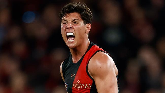 MELBOURNE, AUSTRALIA - JUNE 23: Jye Caldwell of the Bombers celebrates a goal during the 2024 AFL Round 15 match between the Essendon Bombers and the West Coast Eagles at Marvel Stadium on June 23, 2024 in Melbourne, Australia. (Photo by Michael Willson/AFL Photos via Getty Images)