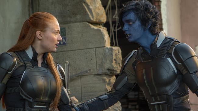 Sophie Turner (as Jean Grey) and Kodi Smit-McPhee (as Nightcrawler) in X-Men: Apocalypse