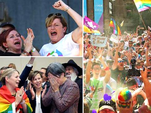 Yes campaign supporters, including Christine Forster and Penny Wong, celebrate.