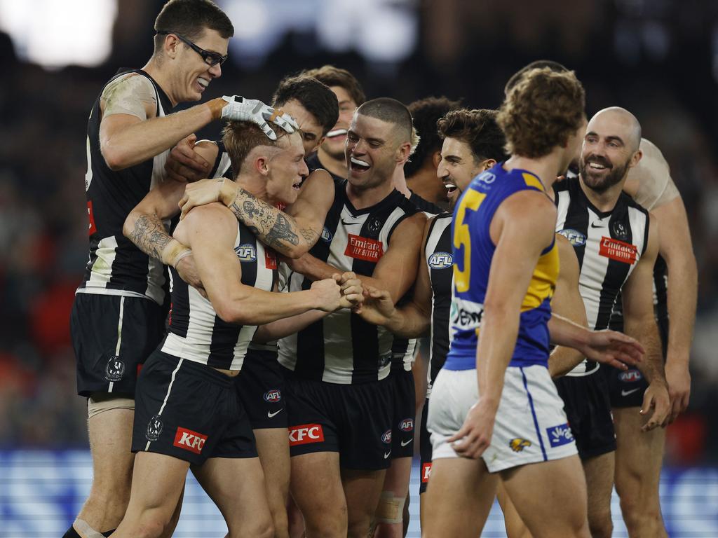 Joe Richards of the Magpies celebrates a goal on debut for Collingwood. Picture: Michael Klein