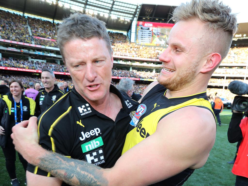 Brandon Ellis hugs coach Damien Hardwick after the 2019 AFL Grand Final. Picture: Michael Klein.