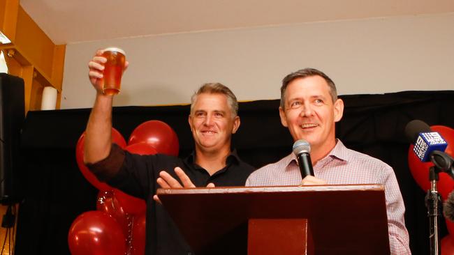 Chief Minister Michael Gunner with Joel Bowden celebrating the by-election win in the seat of Johnston