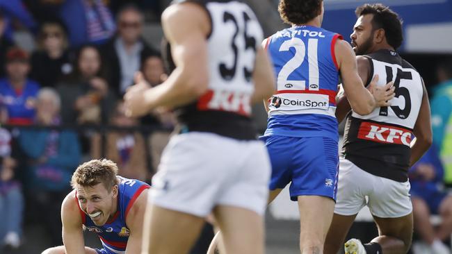 Bailey Dale after an incident with Willie Rioli. Picture: Michael Klein