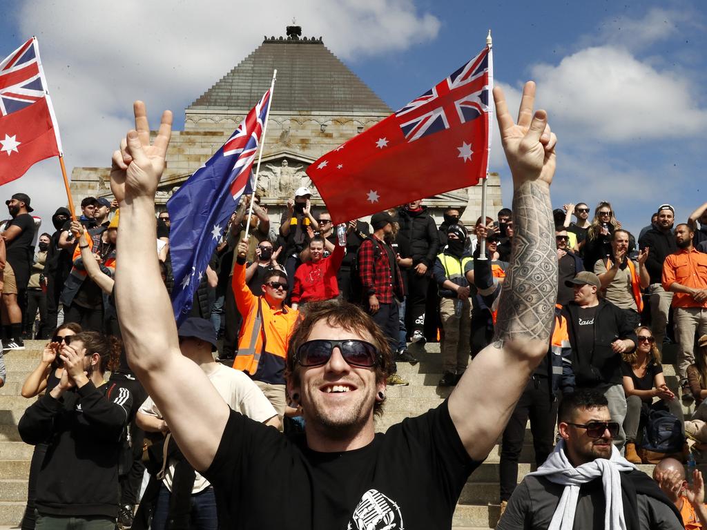 Protesters are seen at the Shrine of Remembrance on September 22, 2021 in Melbourne, Australia. Picture: Getty Images