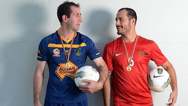 MetroStars' Tony Hatzis (right) with joint Sergio Melta Medal winner Jim Stavrides. Picture: David Cronin