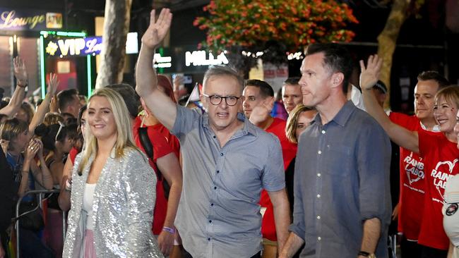 Anthony Albanese, with fiancee Jodie Haydon and NSW Premier Chris Minns, was the first prime minister to take part in the Mardi Gras parade in Sydney in 2023. Picture: NewsWire / Jeremy Piper