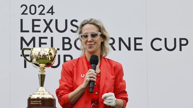 Kylie Rogers speaks during last year’s Melbourne Cup carnival Picture: Michael Klein