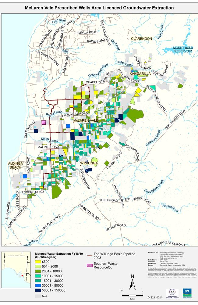 Map of ground water use in the Willunga Basin, McLaren Vale. Picture: EPA