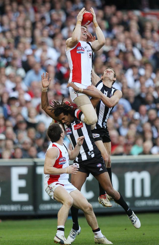 Brendon Goddard’s position in this side was up for debate, but he took this towering mark for the ages while playing at half-forward during the drawn 2009 grand final. Picture: Michael Klein