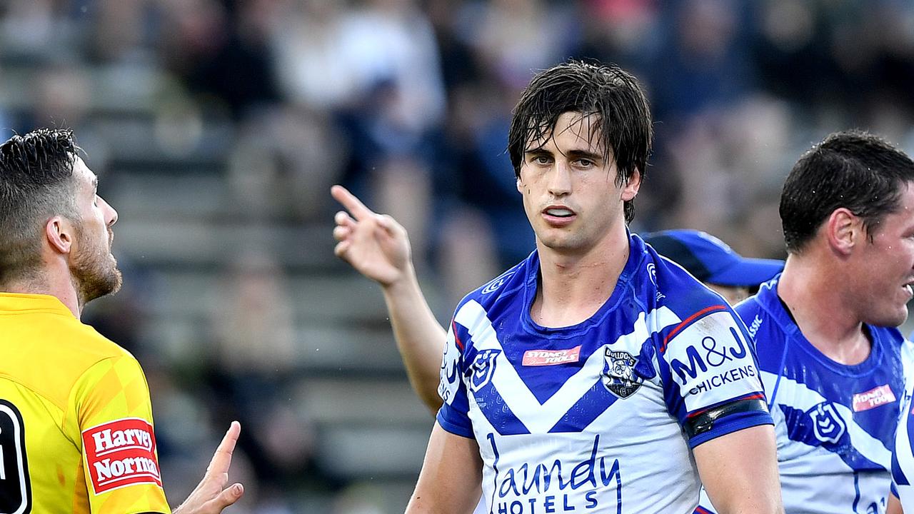 SUNSHINE COAST, AUSTRALIA – AUGUST 08: Lachlan Lewis of the Bulldogs is sent to the sin bin for ten minutes after a high tackle on Cameron Munster of the Storm during the round 13 NRL match between the Melbourne Storm and the Canterbury Bulldogs at Sunshine Coast Stadium on August 08, 2020 in Sunshine Coast, Australia. (Photo by Bradley Kanaris/Getty Images)